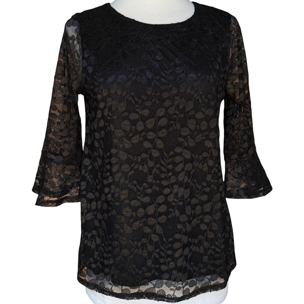 Adrianna Papell Womens Black Lace Bell Sleeve Metallic Top Med Whimsigoth Fairy
